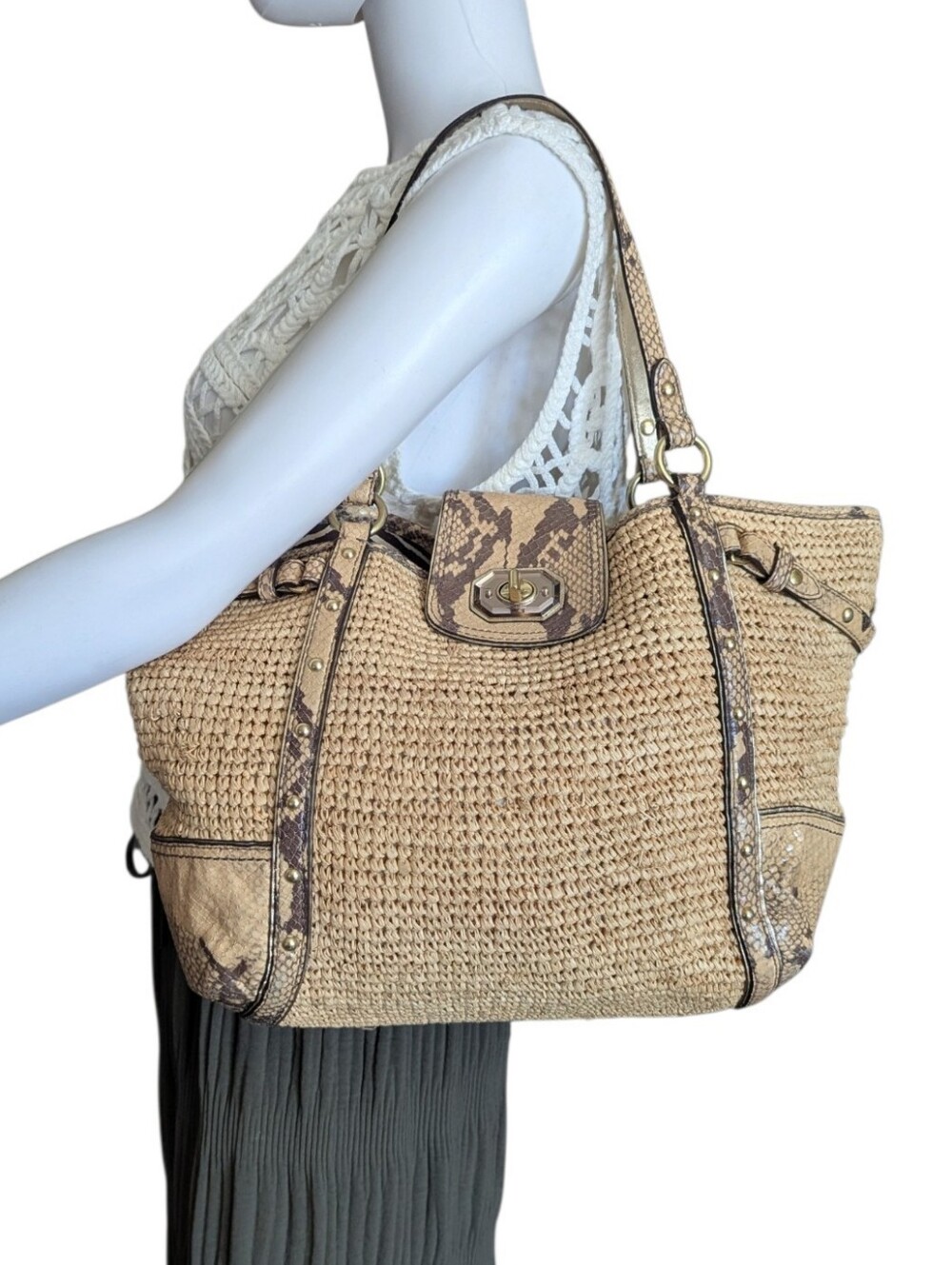 vintage Coach Hampton Natalie Straw Python Trim Tote